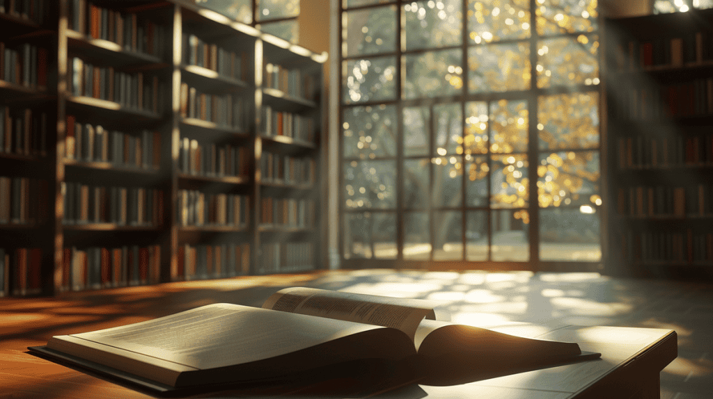 Open book on wooden table in serene library with sunlight streaming through windows.