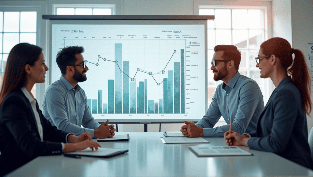 professionals discuss data visualization around a large histogram in an analytical office setting.