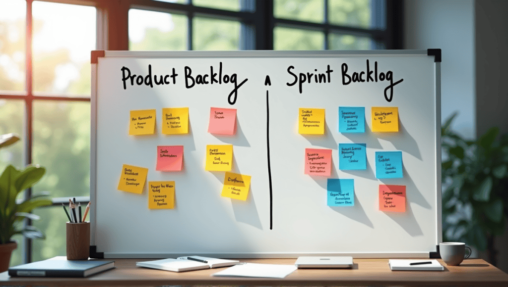 Visual representation comparing Product Backlog and Sprint Backlog on a whiteboard with sticky notes.