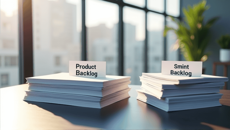 Product backlog and sprint backlog paper stacks on a modern desk showcasing organization.