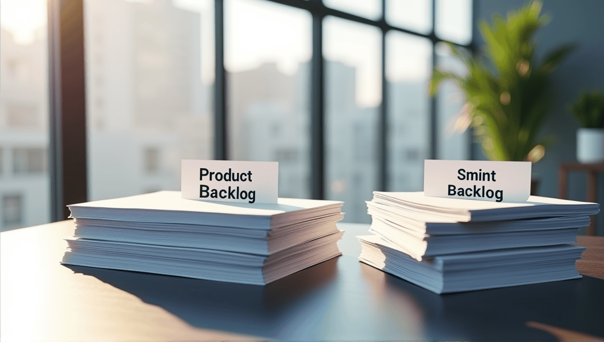 Product backlog and sprint backlog paper stacks on a modern desk showcasing organization.