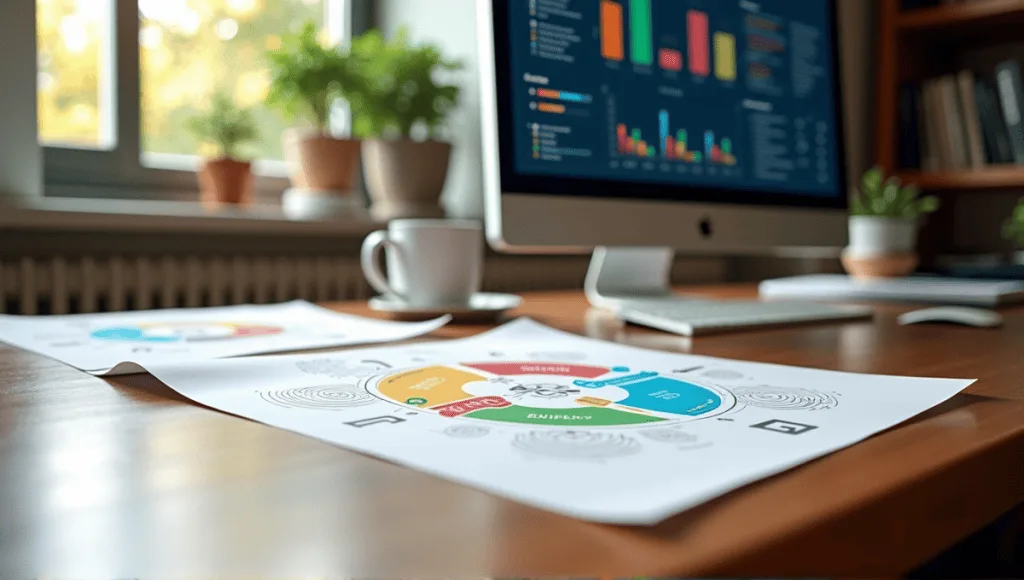 Organized workspace featuring SIPOC diagram templates on a polished wooden desk with digital tools.