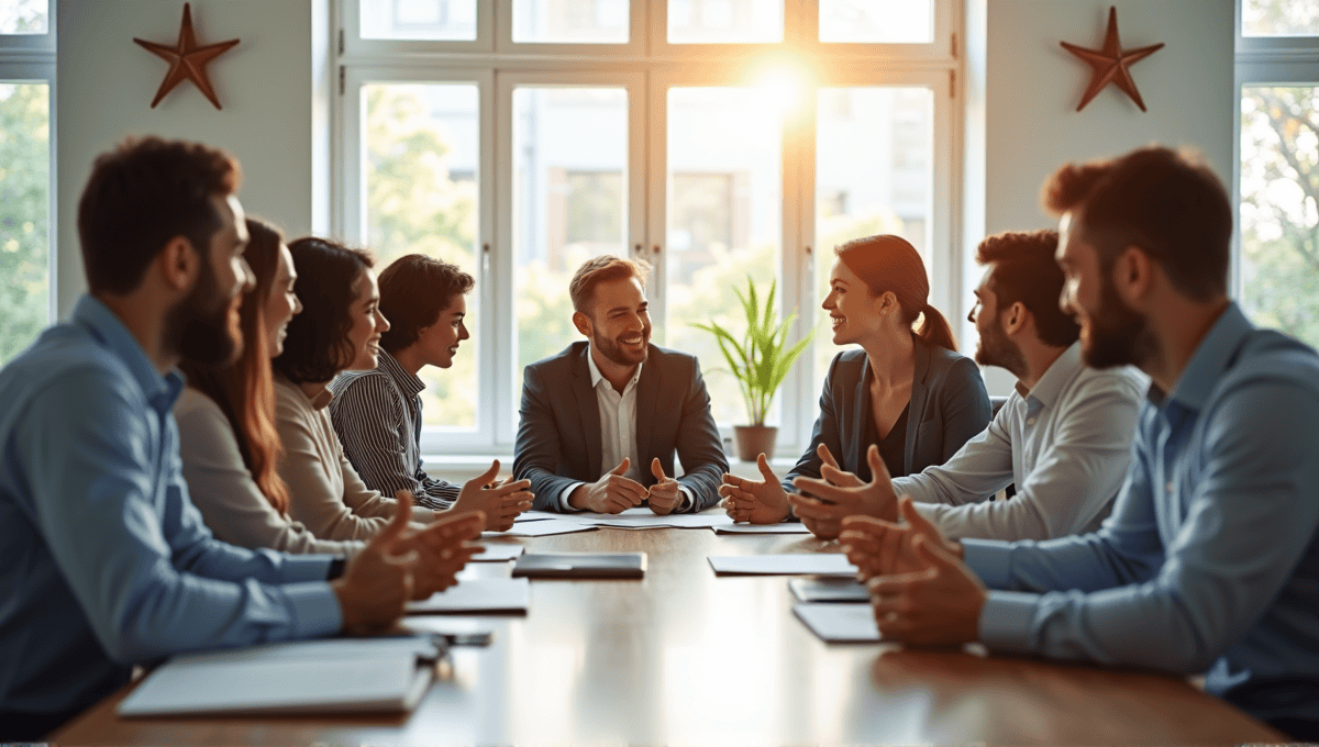 Diverse group of professionals in business casual, engaged in dynamic discussion around table.