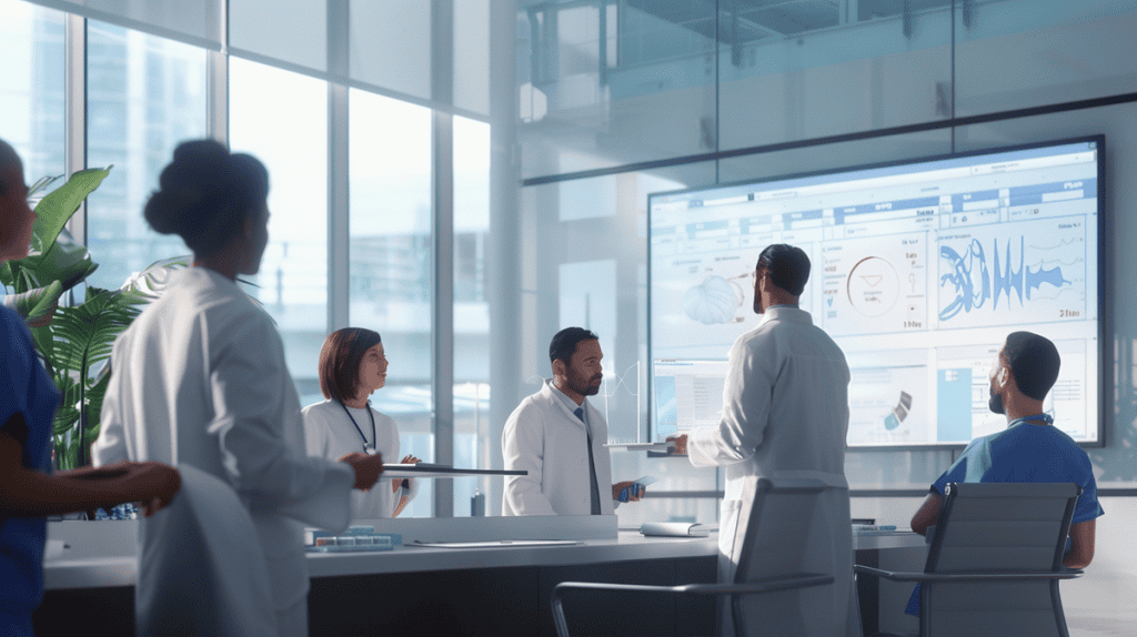 Healthcare professionals in a meeting discussing FMEA applications using a digital screen.