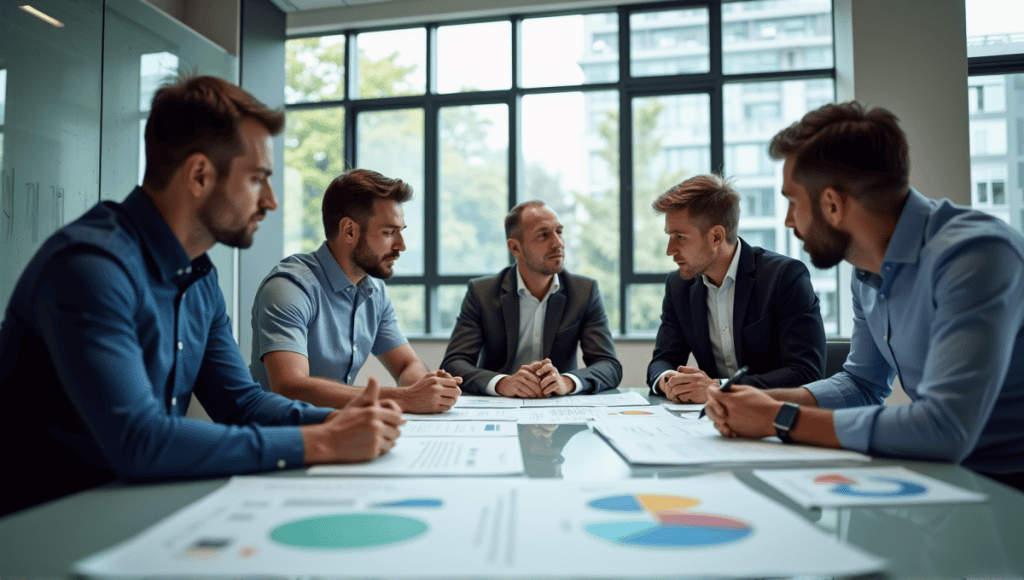 engineers collaborating on FMEA documents in a modern conference room.