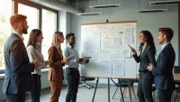 professionals collaborating around a whiteboard, discussing diagrams in a modern office setting.