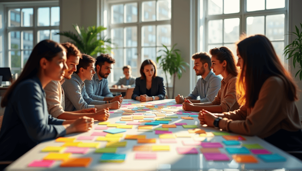 professionals brainstorming with sticky notes in a modern office setting.