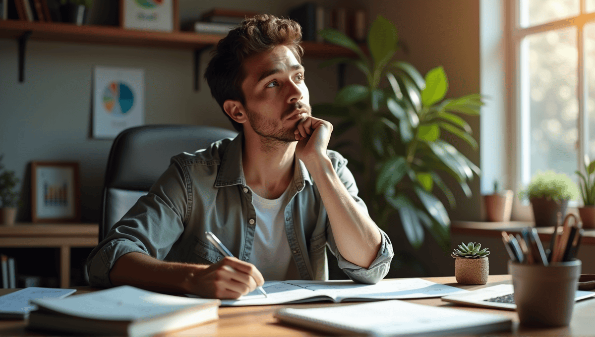 Thoughtful person in casual attire, contemplating at a wooden desk with notebooks and tools.