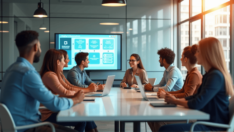 professionals collaborating in an agile brainstorming session around a modern conference table.