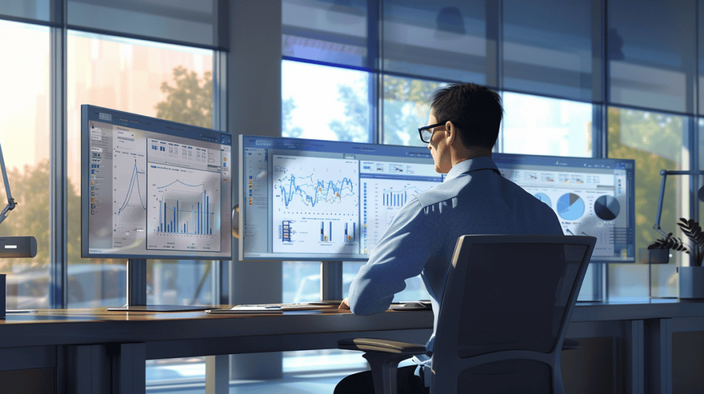 Engineer in office analyzing fault tree diagrams on digital screens.