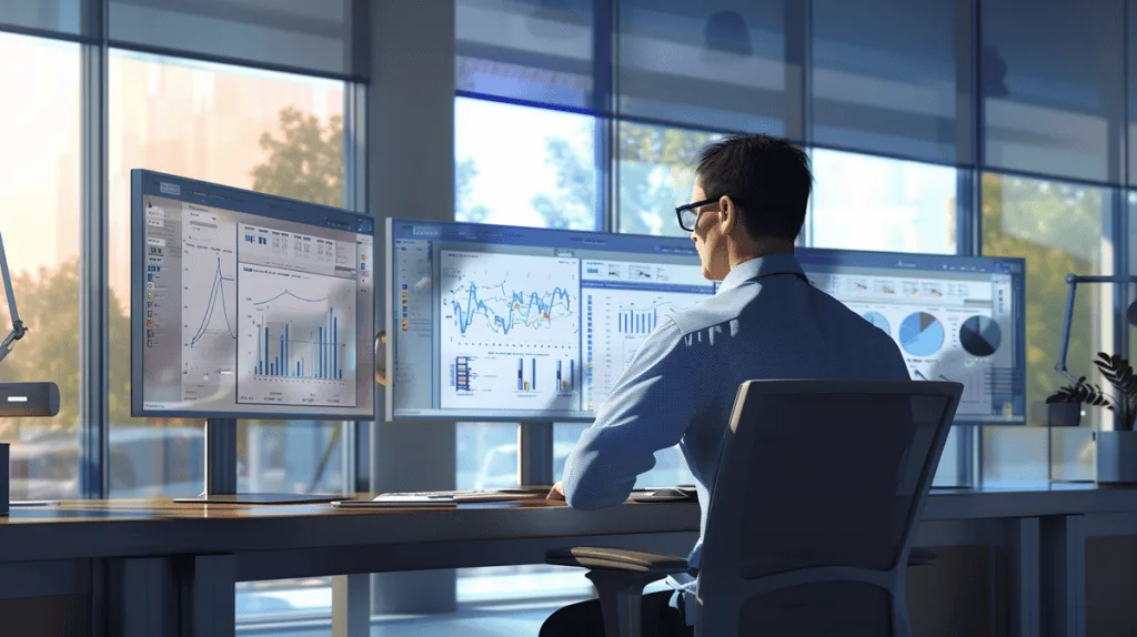 Engineer in office analyzing fault tree diagrams on digital screens.