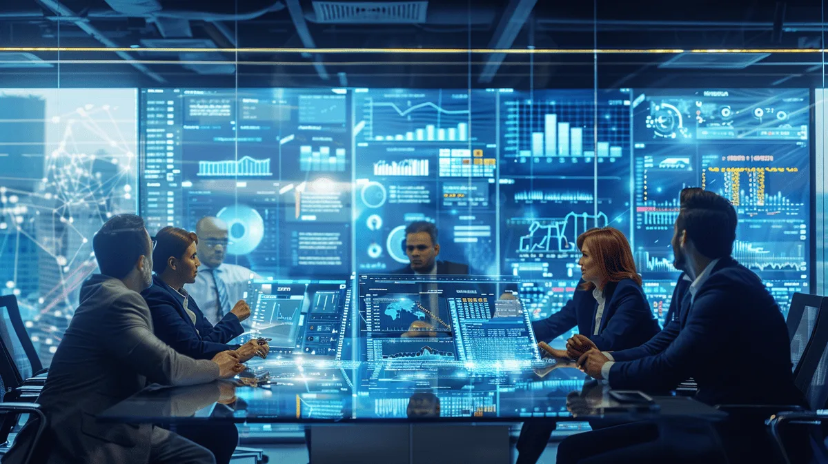 Diverse professionals in business attire analyzing supply chain data at a modern conference table.