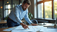 Business professional studying a value stream map in a modern office environment.