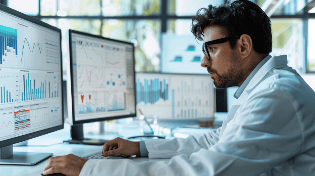 Focused researcher in a lab, analyzing data on computer with graphs and statistics.