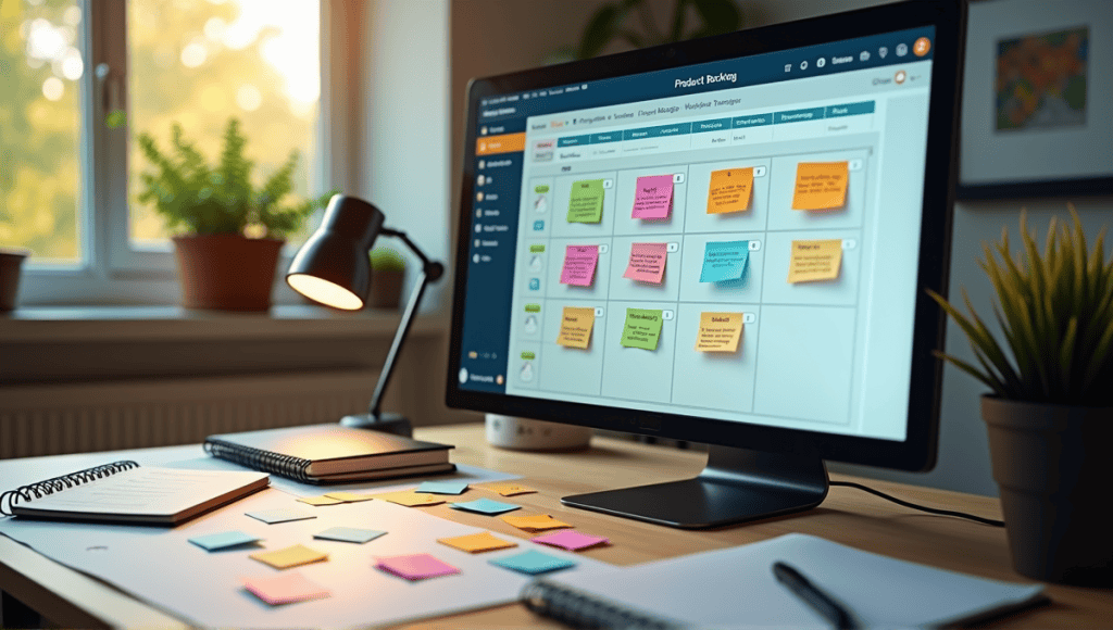 Product Backlog in Scrum, with a digital screen, notebooks, and sticky notes showcasing Agile principles.