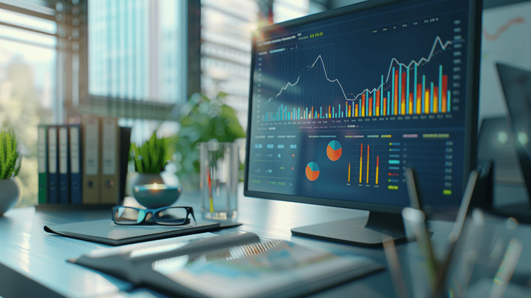 Close-up of a scatter diagram on a digital screen with colorful data points and office tools.