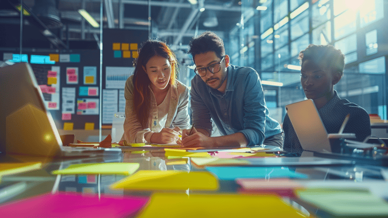 Three professionals collaborating at a table with sticky notes and digital devices in an office.