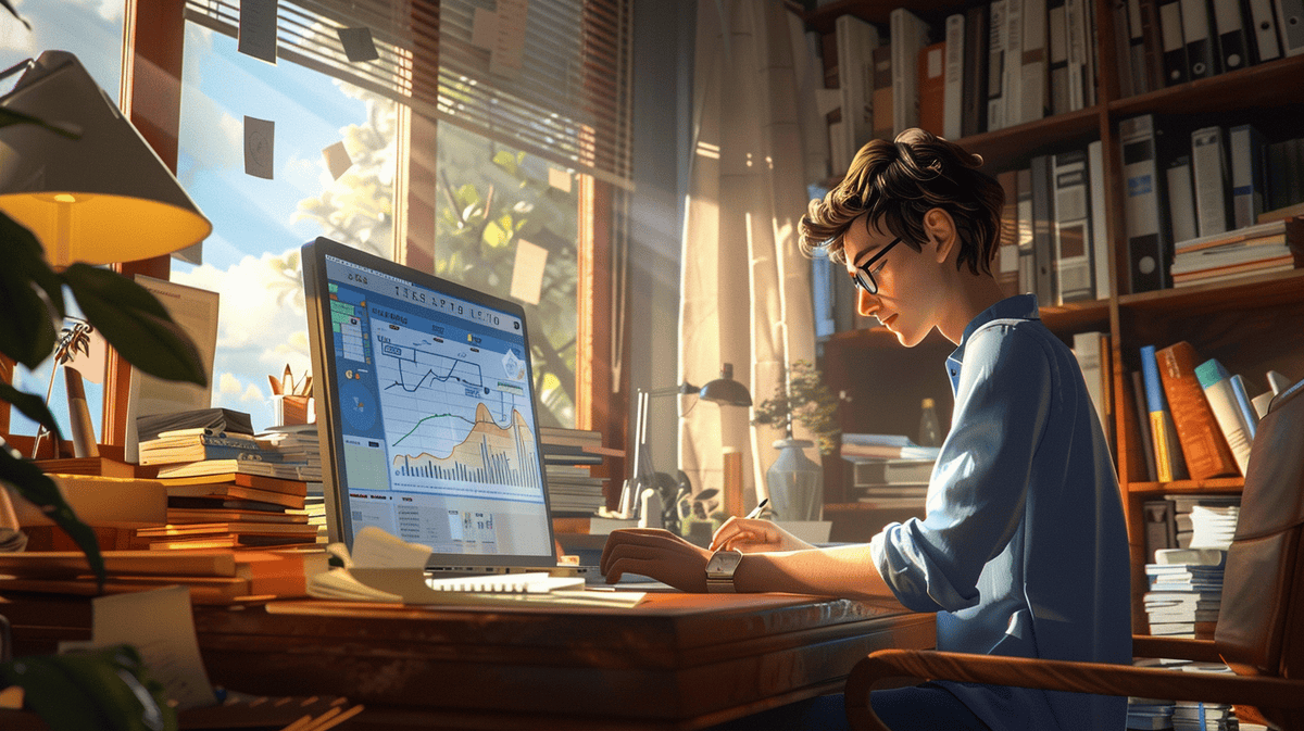 Thoughtful researcher in light blue shirt analyzing data at a cluttered wooden desk.