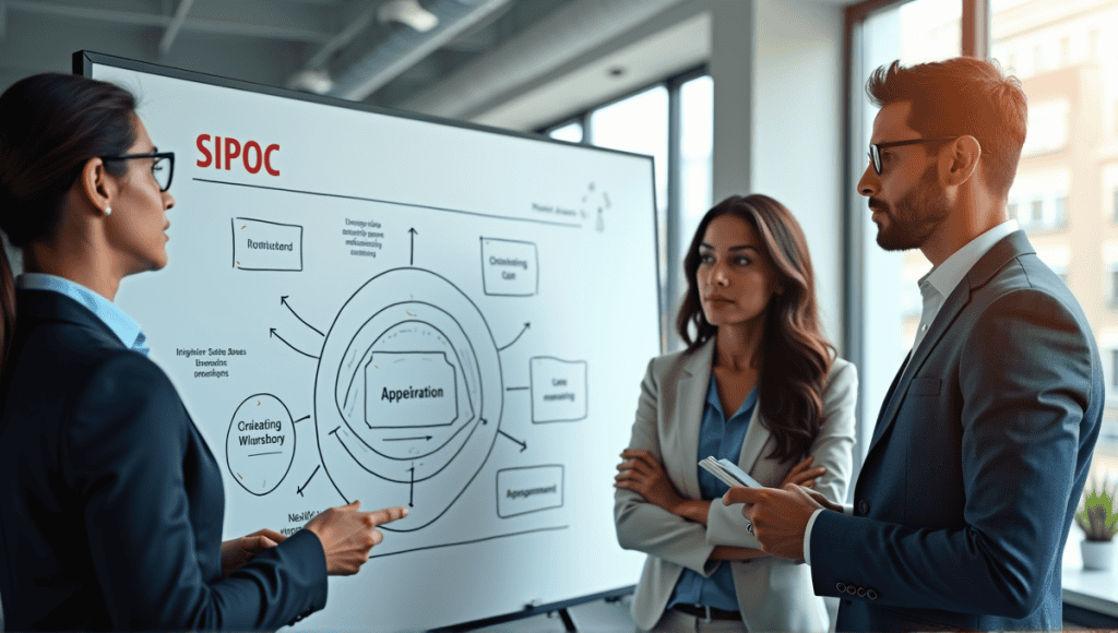 business professionals discuss a large SIPOC diagram in a modern office setting.