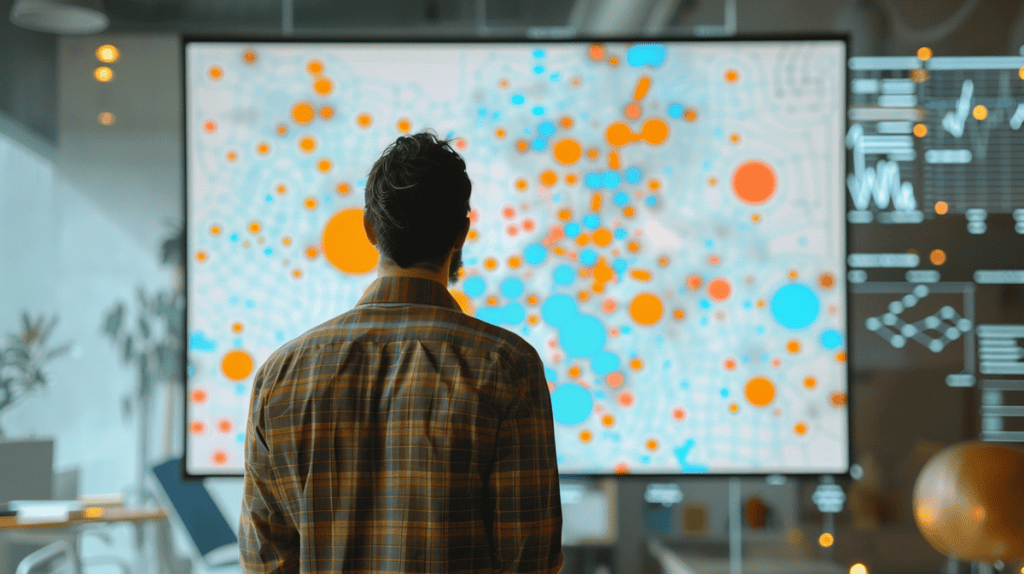 Scatter diagram on a whiteboard with colorful data points; person analyzing data in workspace.