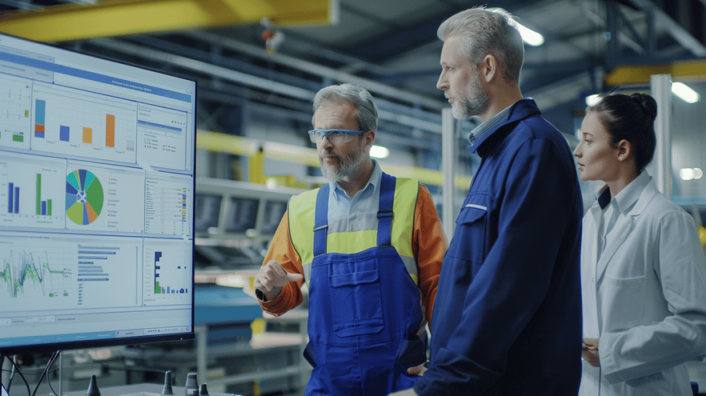 Professionals discussing control charts around a monitor in a modern manufacturing facility.