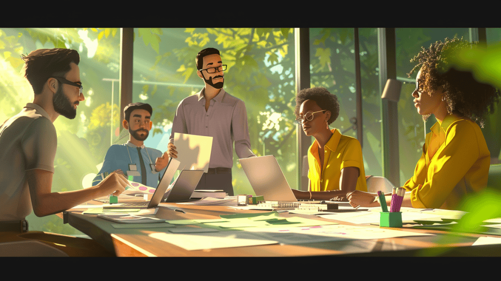 Diverse group brainstorming around a table with papers and laptops in airy office setting.