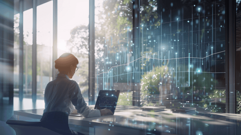 Statistician analyzing graphs on a laptop, surrounded by data visualizations and scatter plots.