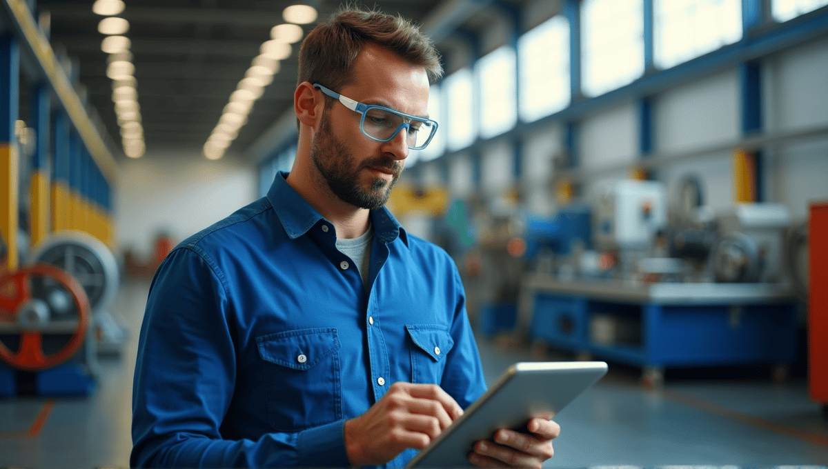 Engineer in safety goggles analyzing data on a tablet surrounded by machinery in workshop.