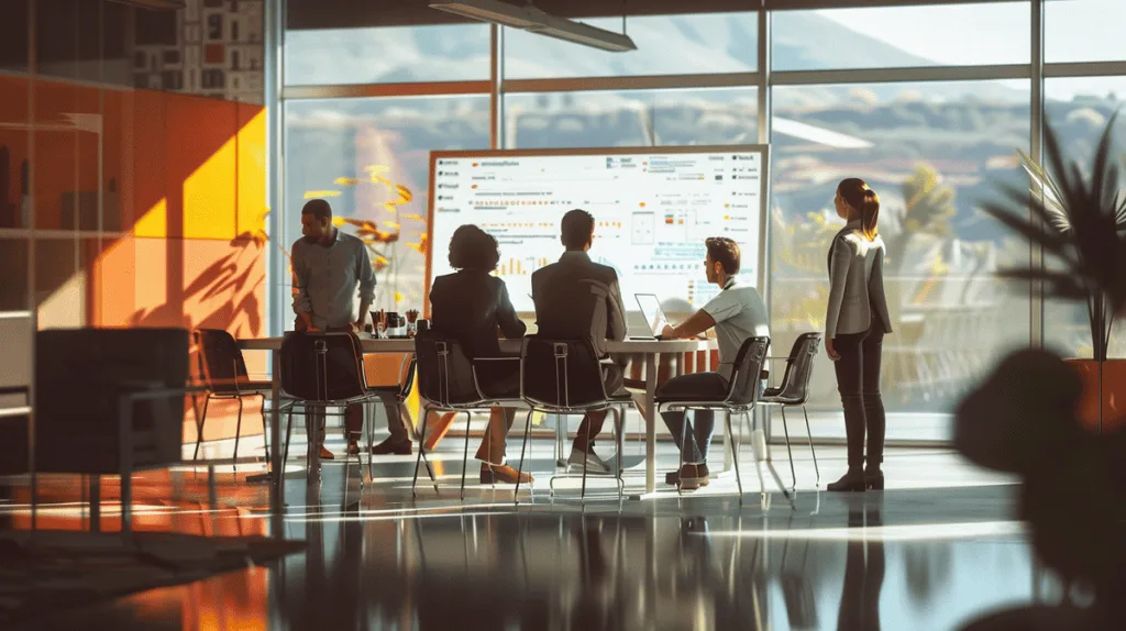 Diverse professionals collaborating in a problem-solving session around a modern conference table.