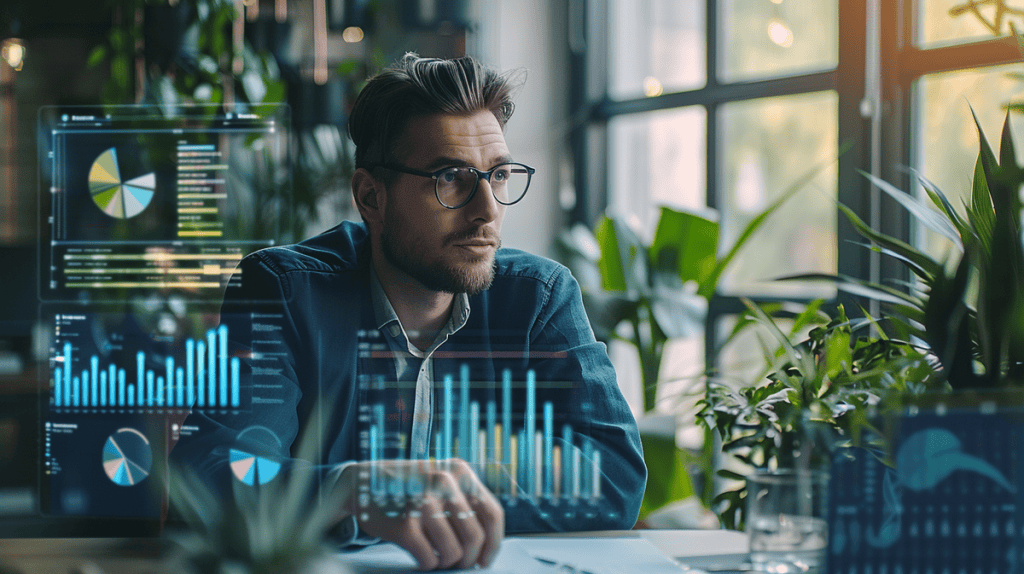 Thoughtful analyst with glasses reviewing data at a cluttered desk in a bright office.