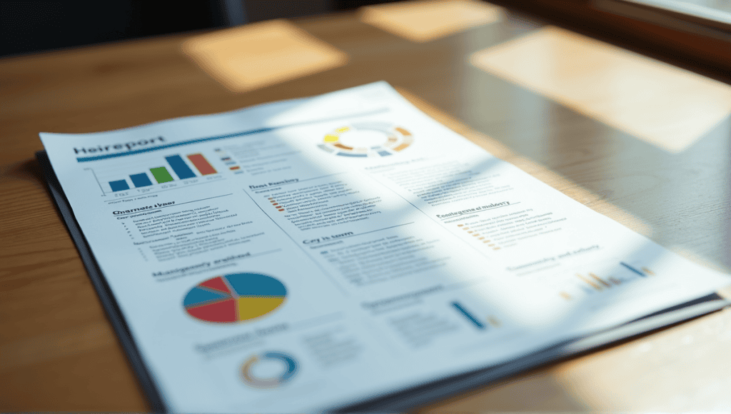 Elegantly structured A3 report on wooden desk with colorful graphs and data visualizations.