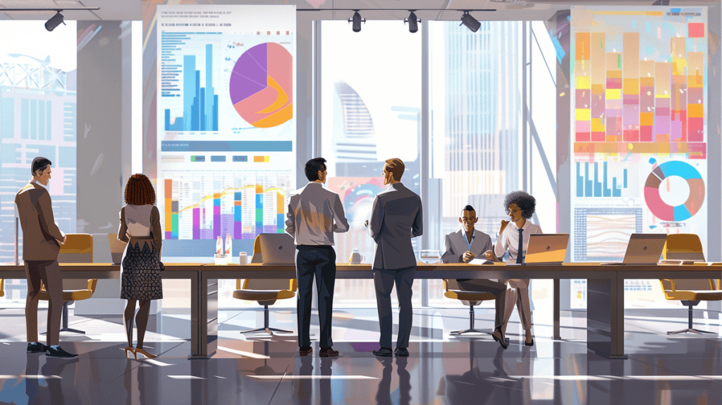 Diverse professionals discussing data analysis around a modern conference table in a bright office.