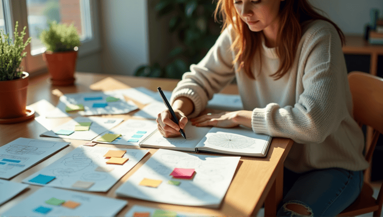 Person mind mapping at a wooden table with colorful sticky notes and diagrams.