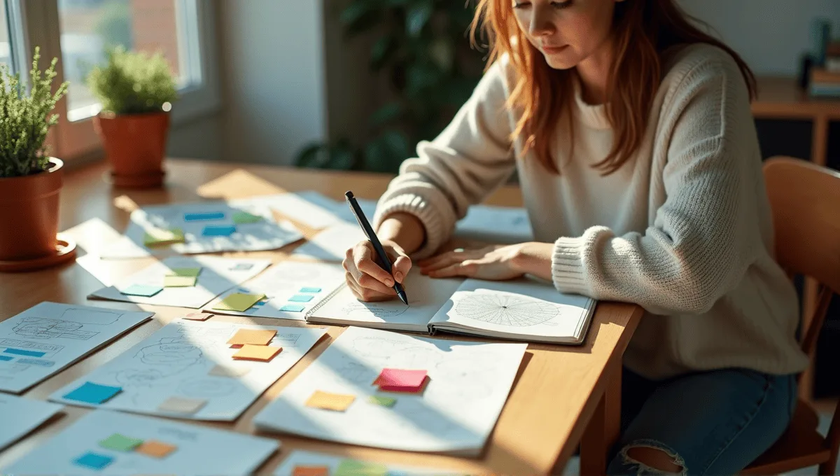 Person mind mapping at a wooden table with colorful sticky notes and diagrams.