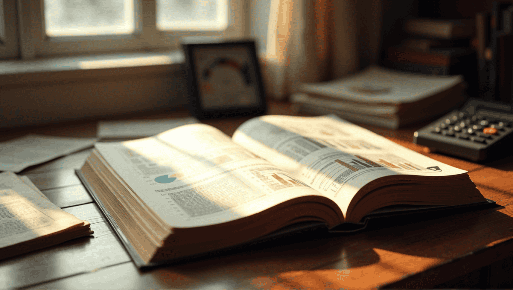 Open book on wooden desk displaying graphs, charts, vintage calculator, and historical documents.