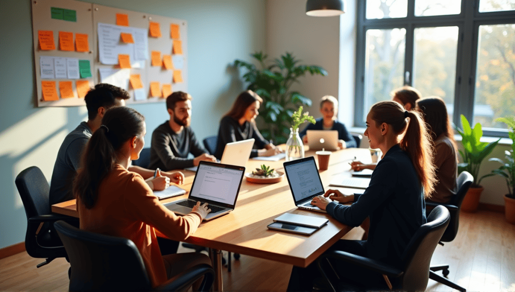 professionals in a retrospective meeting, discussing ideas around a modern conference table.