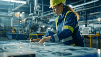 Safety engineer in blue overalls analyzing a fault tree diagram on a large table.