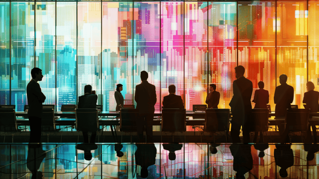 Professionals analyzing colorful scatter plots on a large screen in a boardroom.