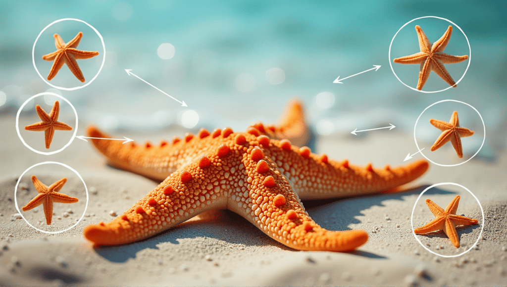 Starfish on sandy beach with textures, colors, and surrounding illustrations of retrospective fit.