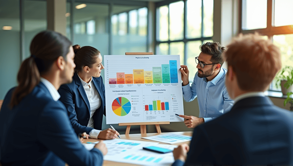 professionals discussing a cost-benefit analysis chart in a modern office setting.