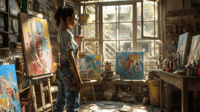 Young artist in paint-splattered apron, surrounded by colorful canvases and art supplies.