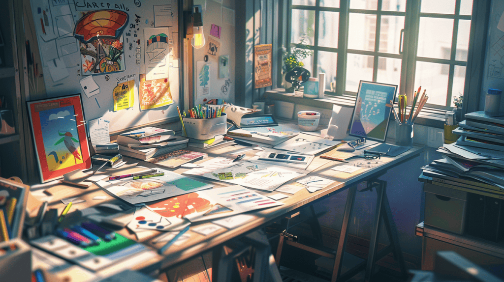 An artist's workspace with colorful mind maps and organized art supplies, promoting creativity.