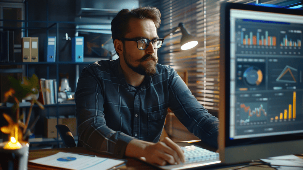 Professional at desk analyzing data charts and regression figures on computer screen.