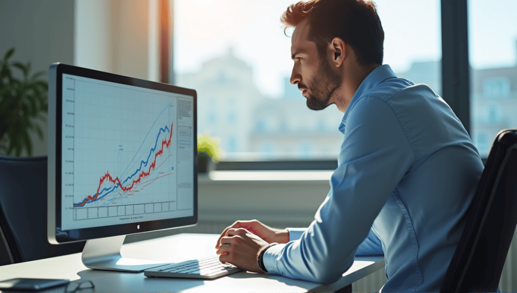 Data analyst examining a scatter plot on a digital screen in an office.