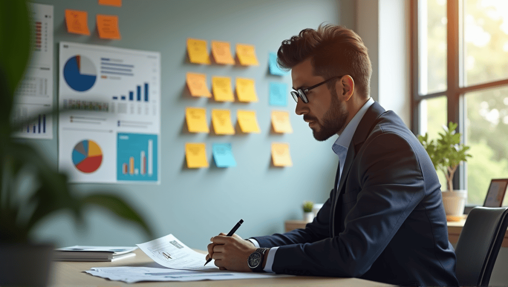 Business analyst in office reviewing charts, surrounded by data reports and post-it notes.