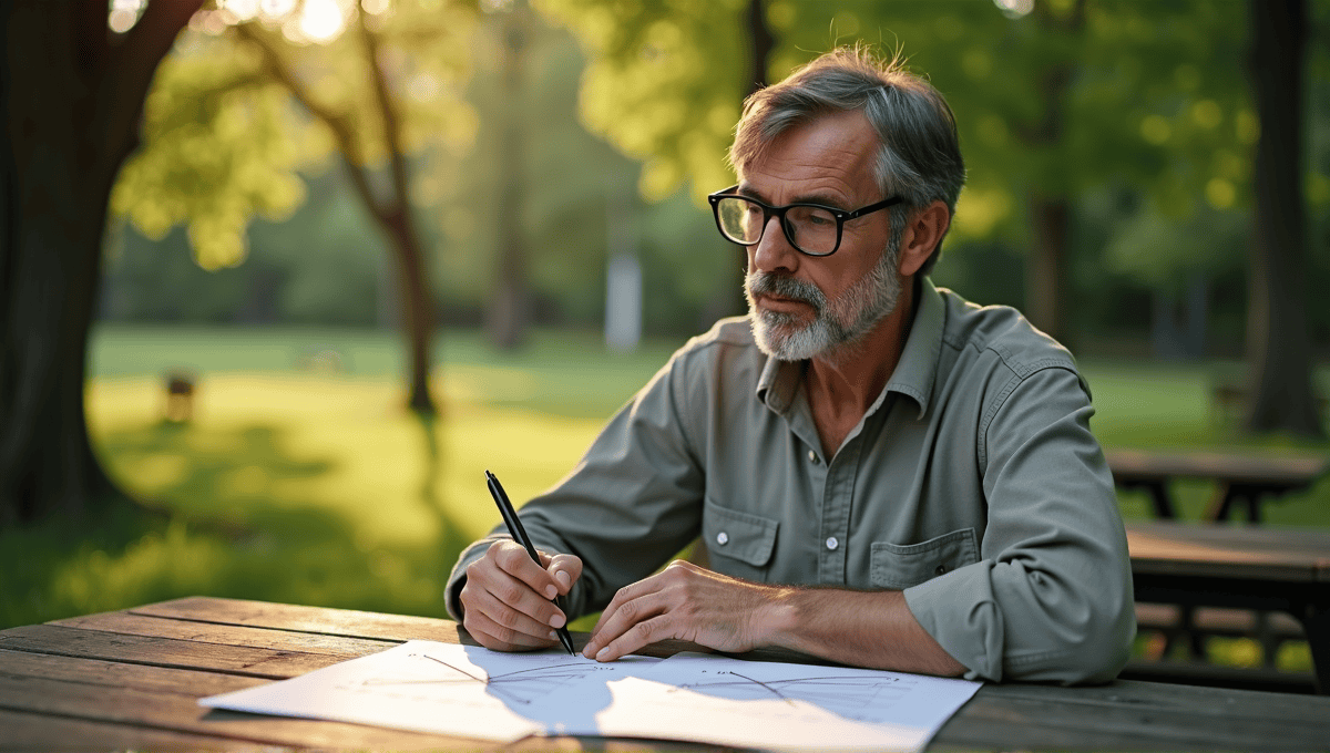 Middle-aged scholar with glasses analyses data at a picnic table in lush greenery.