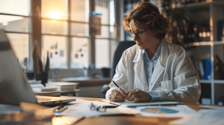 Researcher in lab coat analyzing data at a wooden desk surrounded by charts and graphs.