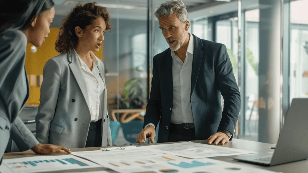 Diverse team of professionals collaborating at a conference table with charts in modern office.