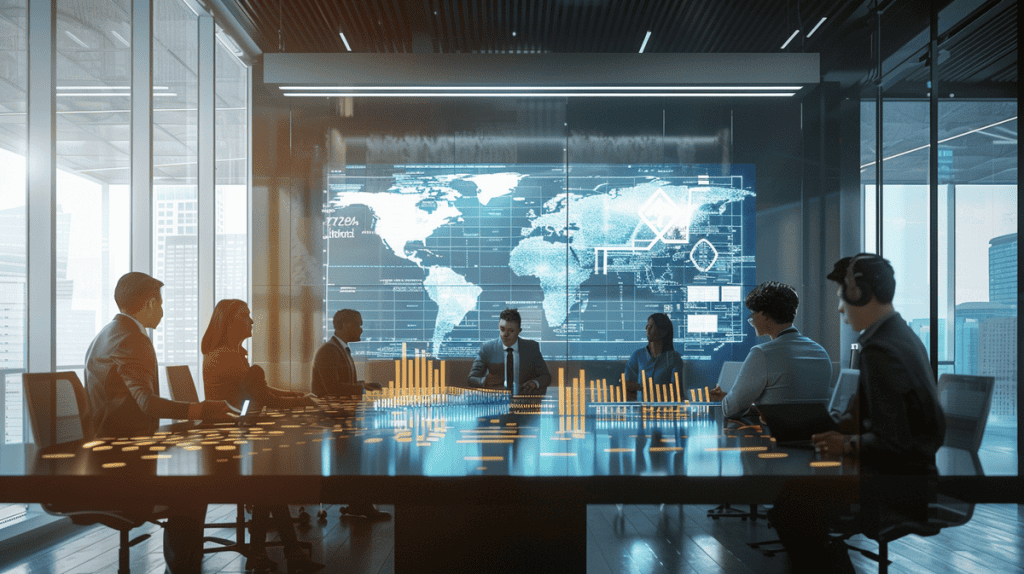 Diverse professionals discussing data comparisons in a modern conference room with charts and graphs.