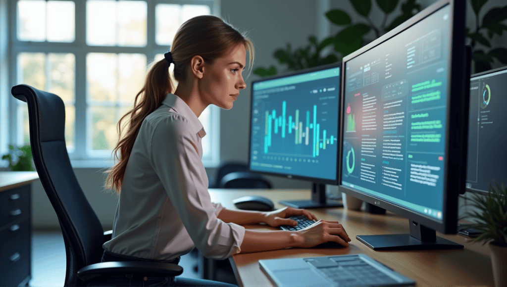 Dynamic data scientist analyzing complex data sets in a modern office with multiple screens.